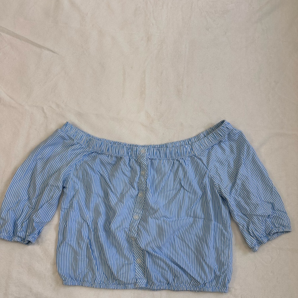 Women’s Ambiance Shirt Crop Top Small BlueWhite Striped Off Shoulder Light